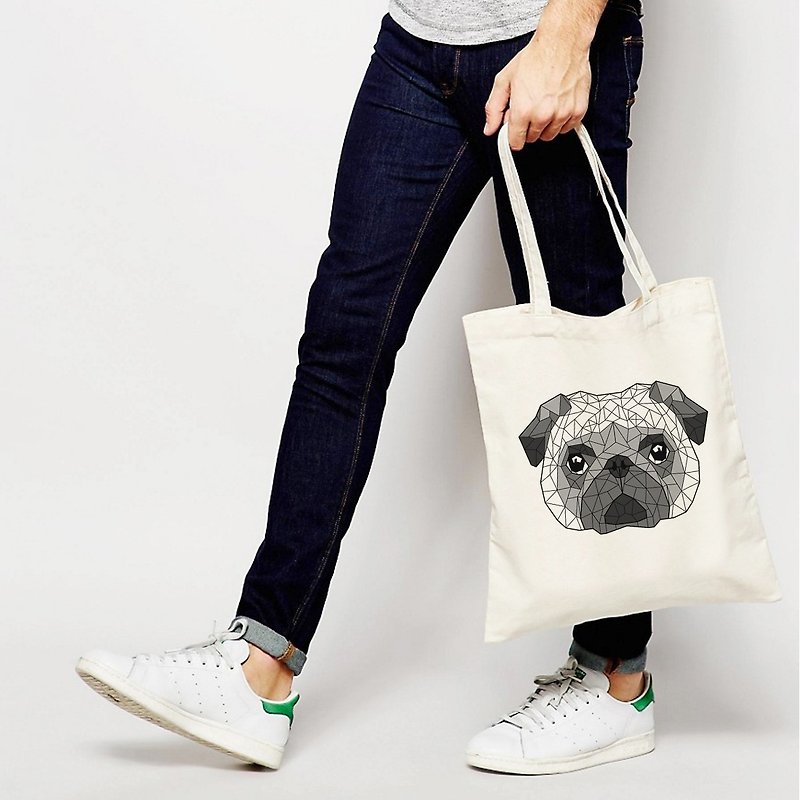 Geometric Pug tote bag - กระเป๋าถือ - วัสดุอื่นๆ ขาว