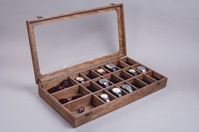 Large Wooden Watch Organizer Box with Clear Lid Personalized Sunglasses Holder - 男裝錶/中性錶 - 木頭 咖啡色
