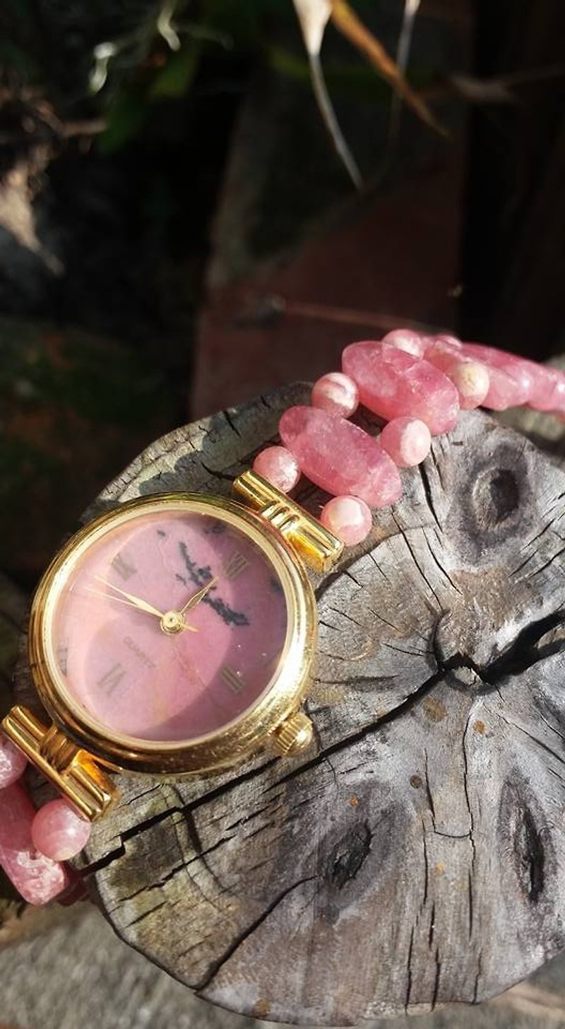 【Lost and find】古董款 天然石 紅紋 手錶 - 女錶 - 寶石 粉紅色