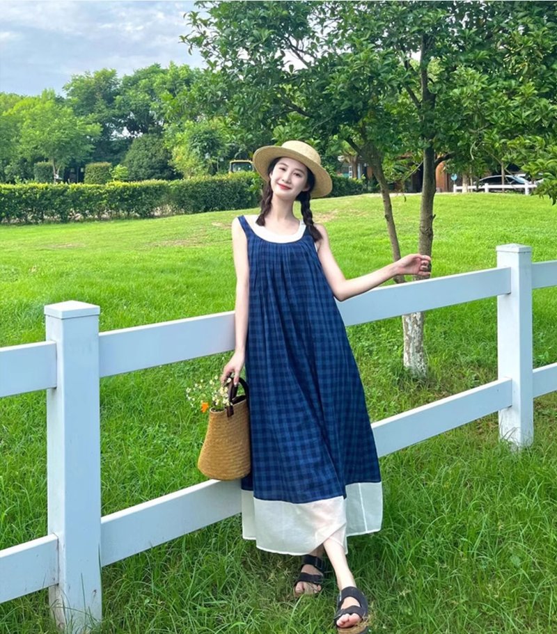 [Sori Zhihai] Blue plaid patchwork suspender skirt - One Piece Dresses - Cotton & Hemp Blue