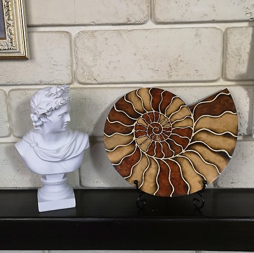 Woodsimka Ammonite wooden mosaics home decor, fossil lover gift, shell marquetry