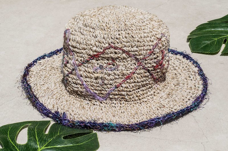 Valentine's Day gift woven cotton hat fisherman hat straw hat straw hat sun protection hat - geometric sari line - Hats & Caps - Cotton & Hemp Multicolor