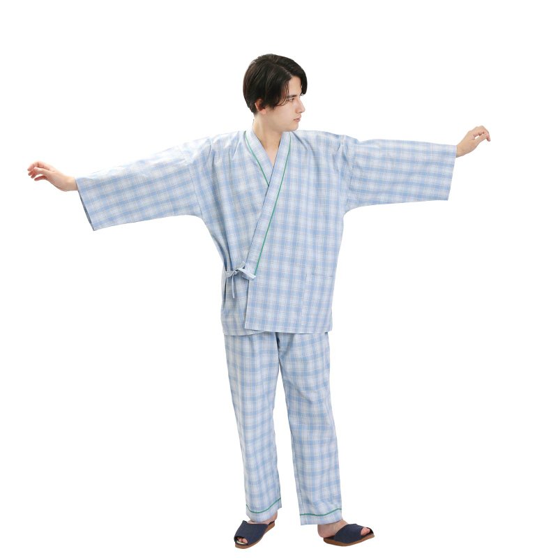 日本 和服 格子 作務衣 日式 休閒 室內服 睡衣 男女通用 藍色 - 帽T/大學T - 棉．麻 藍色