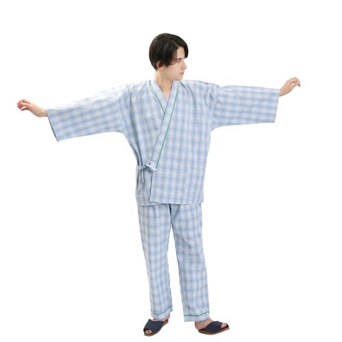 fuukakimono 日本 和服 格子 作務衣 日式 休閒 室內服 睡衣 男女通用 藍色
