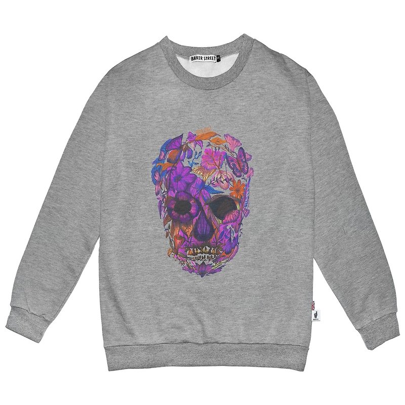 British Fashion Brand -Baker Street- Blossom Skull Printed Sweatshirt - Women's Tops - Cotton & Hemp Gray