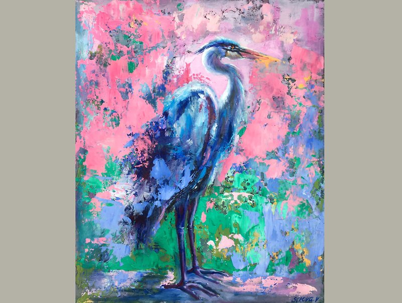 Great Blue Heron Art Painting Original Art Oil Painting Bird - 壁貼/牆壁裝飾 - 壓克力 紫色