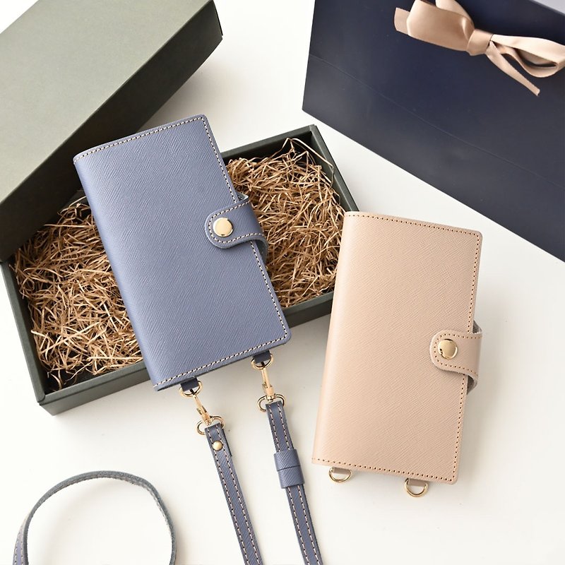 Lucky Bag Compatible with All Models Notebook Type Smartphone Shoulder [Saffiano Leather] Smartphone Case with Belt AN04K - เคส/ซองมือถือ - หนังแท้ สีน้ำเงิน