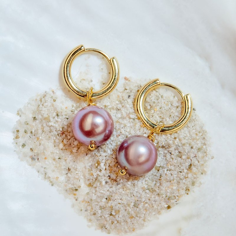 Large Purple Edison Pearl Gold Earrings 10–12mm Stylish Japanese Fashion - Earrings & Clip-ons - Pearl Purple