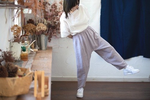 Linen＆OrganicCotton Wガーゼゆったりパンツ【ラベンダー染め