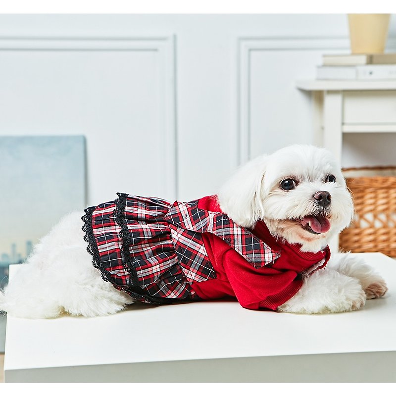 Pet clothes plaid lace dress - Clothing & Accessories - Cotton & Hemp Red