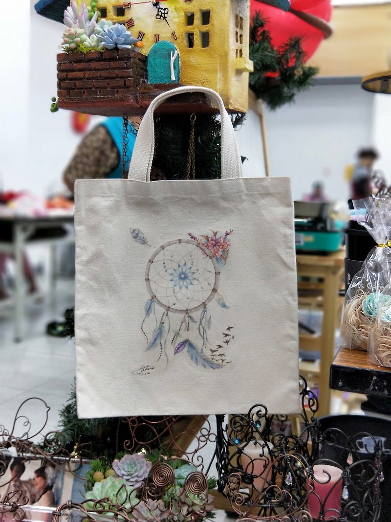 Hand-painted dream catcher canvas bag - Handbags & Totes - Cotton & Hemp White