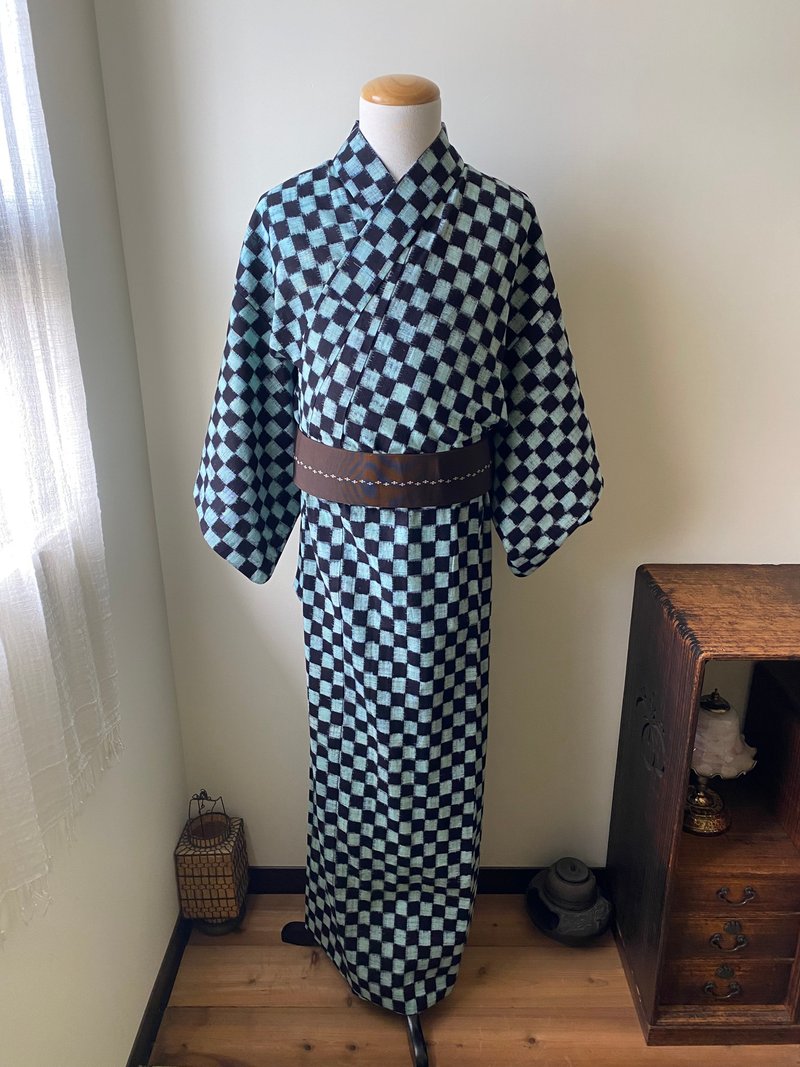 罕品鬼滅之刃炭治郎風格市松古董小紋和服單衣 - 其他 - 棉．麻 綠色