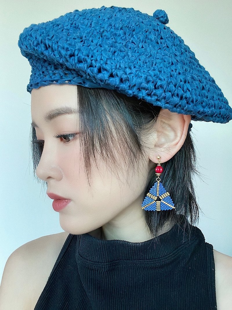 |Souvenirs|Original handmade imported rice beads retro hollow triangle beaded earrings Clip-On - Earrings & Clip-ons - Other Materials Blue