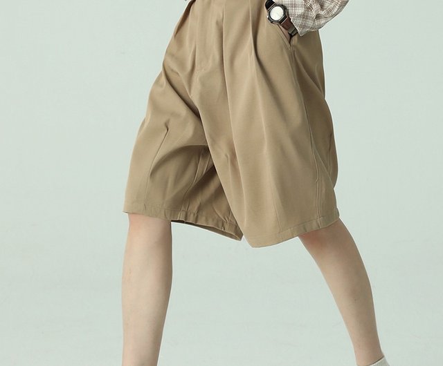 The Belted Relaxed Knee-Length Pants - Knee Length Wide Leg High Waist  Belted Pants - Dark Green - Bottoms