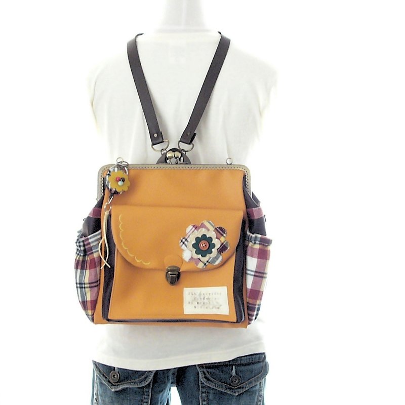 3 WAY left zipper compact backpack full set check flower orange × brown - 背囊/背包 - 真皮 橘色