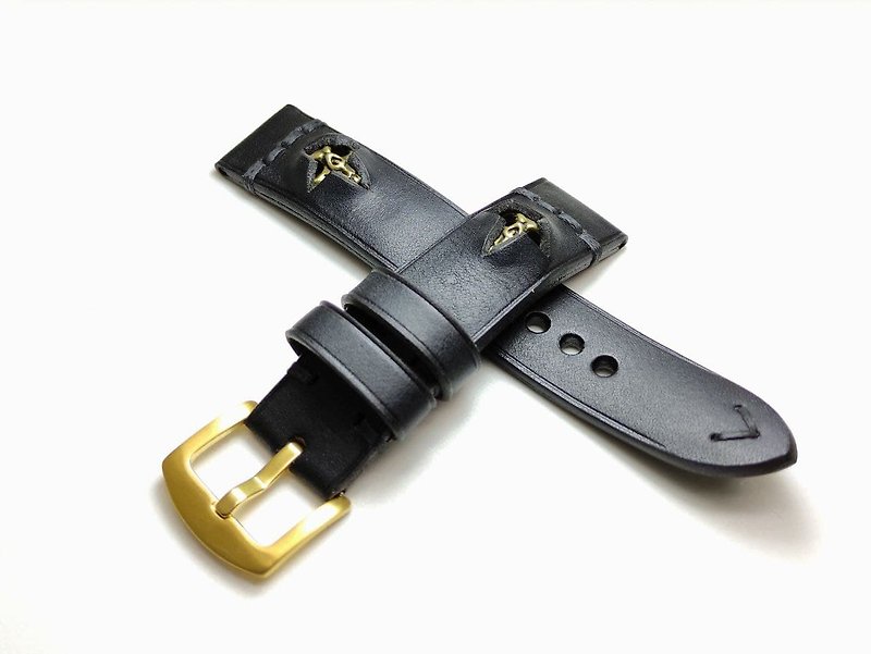 真皮 錶帶 黑色 - Bespoke black watchstrap with metal skull watchband thick watch strap