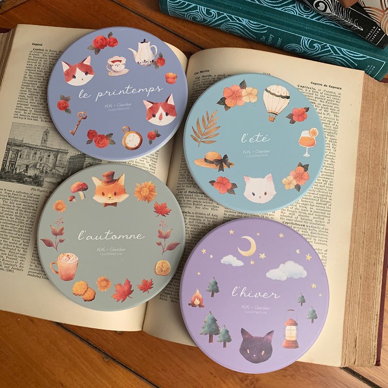 Retro Cat and Fox Ceramic Absorbent Coasters 1 Set of 4-Seize the day Series_Spot - ที่รองแก้ว - ดินเผา 