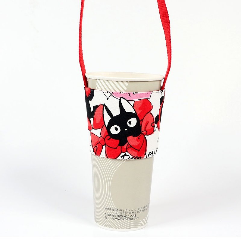 Beverage Cup Holder Eco-friendly Cup Holder Bag-Butterfly Cat (Red) - ถุงใส่กระติกนำ้ - ผ้าฝ้าย/ผ้าลินิน สีแดง