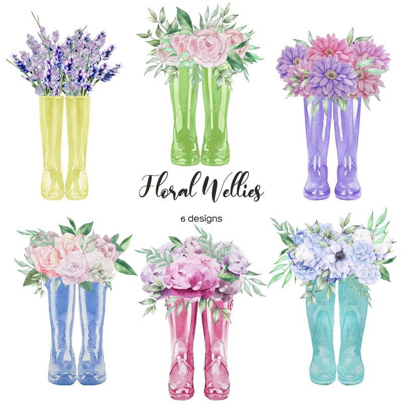 Watercolor wellies with flowers. Floral boots 6 PNG - 插畫/繪畫/寫字 - 其他材質 多色