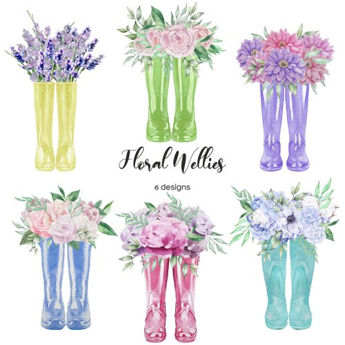 Art and Funny Watercolor wellies with flowers. Floral boots 6 PNG