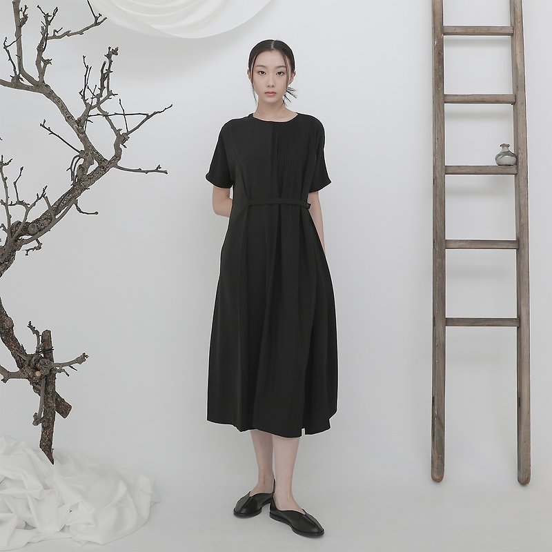 [Classic Original] Yilian_Love Two-Stage Pleated Dress_Black - One Piece Dresses - Polyester Black