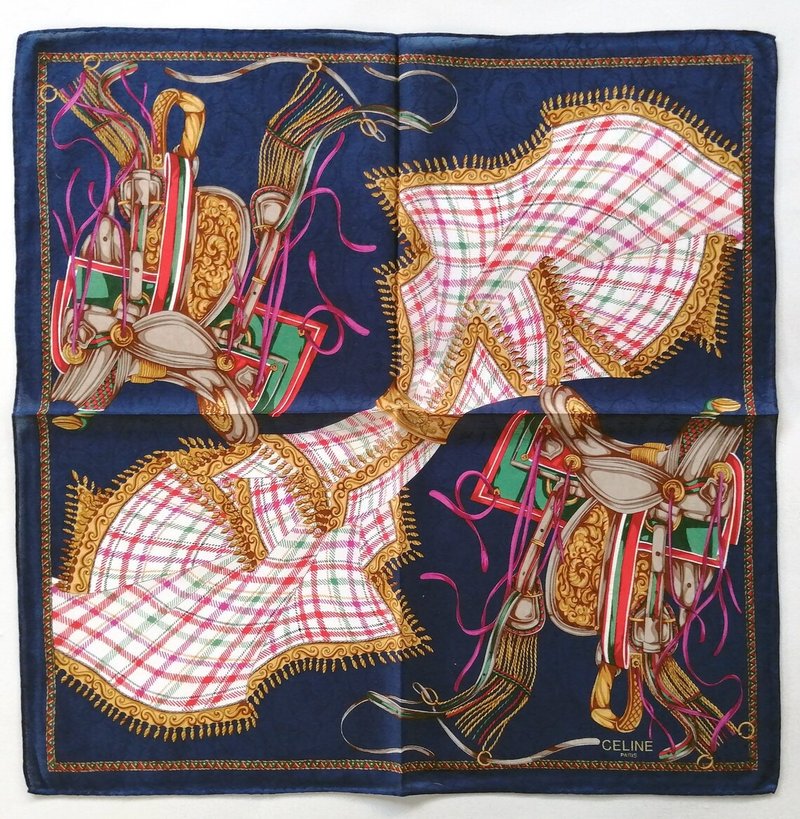 Celine Paris Vintage Scarf Horse Riding Saddle 20.5 x 20 inches, vintage scarf - 手帕 - 棉．麻 藍色