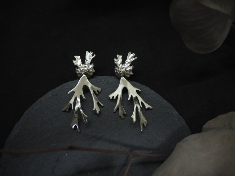 . Above the vegetation. NO.09 Staghorn fern earrings/ear needles/painless Clip-On/925 Silver - Earrings & Clip-ons - Sterling Silver Silver