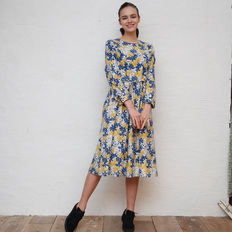 garden pattern one-piece dress · navy - One Piece Dresses - Cotton & Hemp Blue