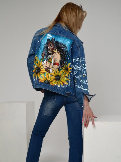 Women hand painted denim jacket Space girl Designer Jean jacket