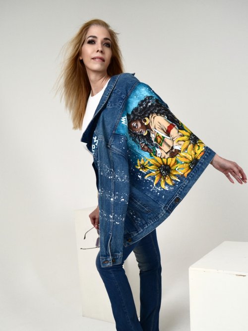 Women hand painted denim jacket Space girl Designer Jean jacket