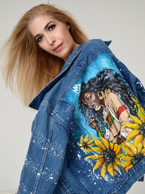 Women hand painted denim jacket Space girl Designer Jean jacket