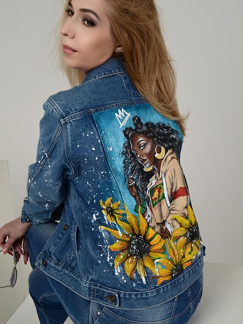 Women hand painted denim jacket Space girl Designer Jean jacket