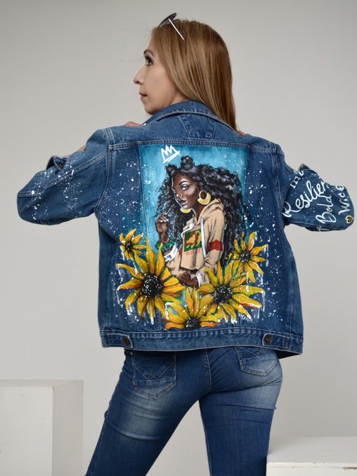 Women hand painted denim jacket Space girl Designer Jean jacket