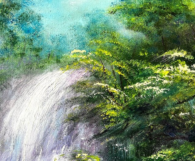 10,000円木漏れ日がさす滝風景　風景画　油絵(値段交渉可)