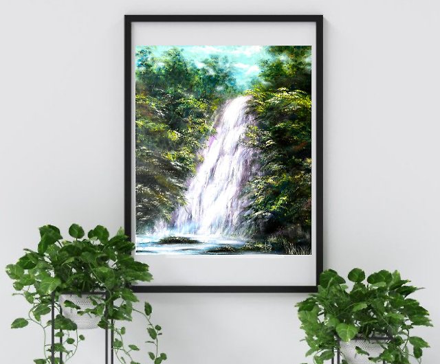 滝の絵 風景 オリジナルアート 油絵 60x50 cm/24x20 インチ - ショップ 