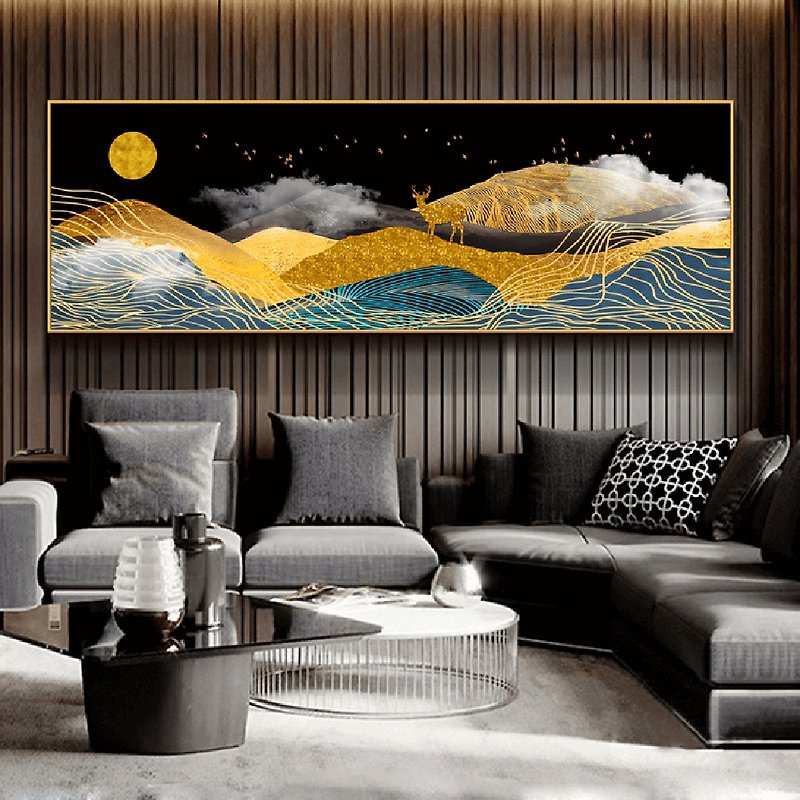 Deer and Scenery - Hanging Painting - Banner Series - Gold. Black - Posters - Cotton & Hemp Gold
