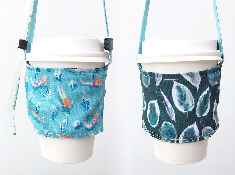 Double-sided hand-cranked beverage cup holder beverage carrier bag-leaf and swimming straws can be put on the beverage carrier - ถุงใส่กระติกนำ้ - เส้นใยสังเคราะห์ สีน้ำเงิน