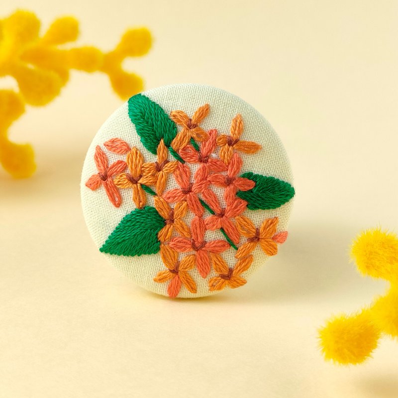 金木犀の刺繍ブローチor刺繍ヘアゴム - 胸針 - 棉．麻 橘色
