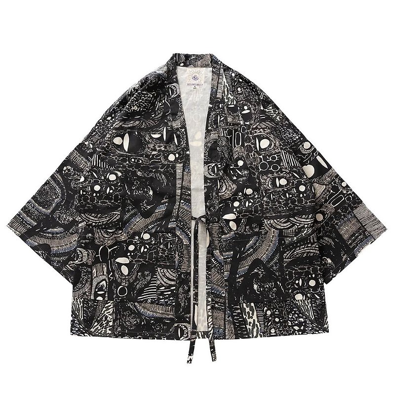 S-CrestTaiwan | Japanese-Style Handmade Kimono Jacket: Black Fire - เสื้อโค้ทผู้ชาย - ผ้าฝ้าย/ผ้าลินิน 
