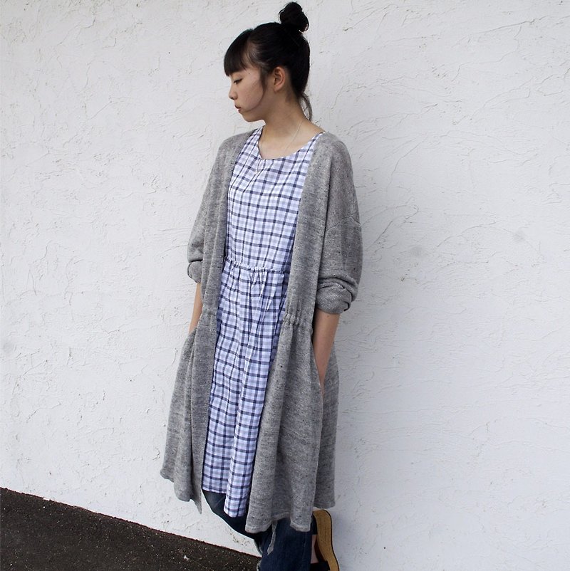 Cotton linen check sleeveless dress/gnm-21 - ชุดเดรส - ผ้าฝ้าย/ผ้าลินิน สีน้ำเงิน