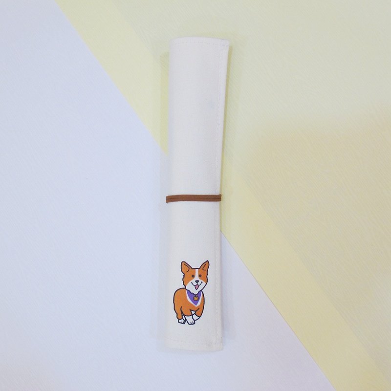 Environmental protection tableware canvas storage bag set with chopsticks spoon purple scarf corgi dog - Chopsticks - Cotton & Hemp White