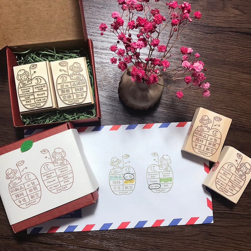 Apple Postal Seal (Chinese and English version) - 2 pieces/set・LiebeËva Designed by Ringo - ตราปั๊ม/สแตมป์/หมึก - ไม้ สีแดง