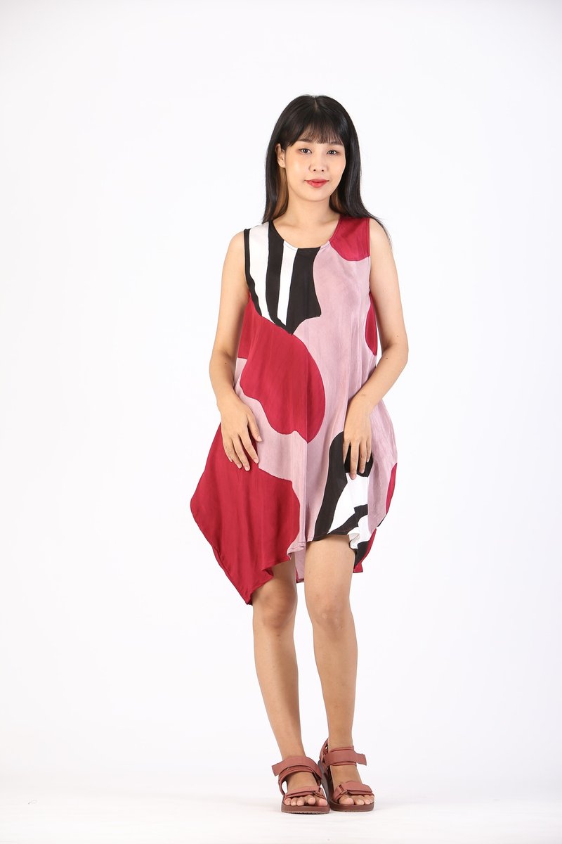 Short Dress Cotton Silk Hand Paint For Summer Beach Vacation - 洋裝/連身裙 - 棉．麻 紅色