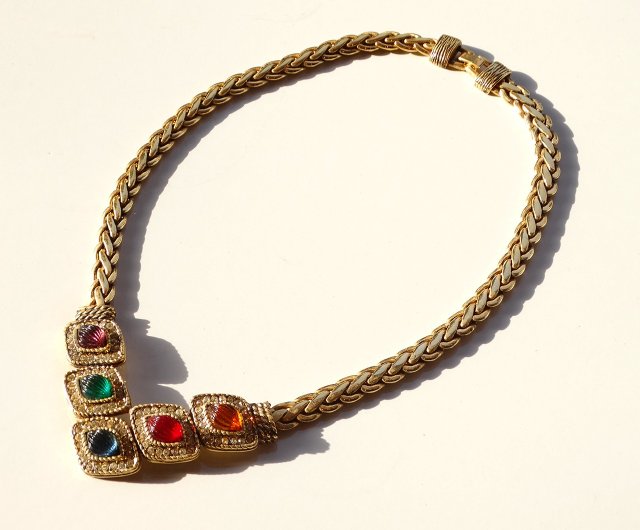 80s DOIRA vintage color glass × rhinestone necklace - Shop panic 
