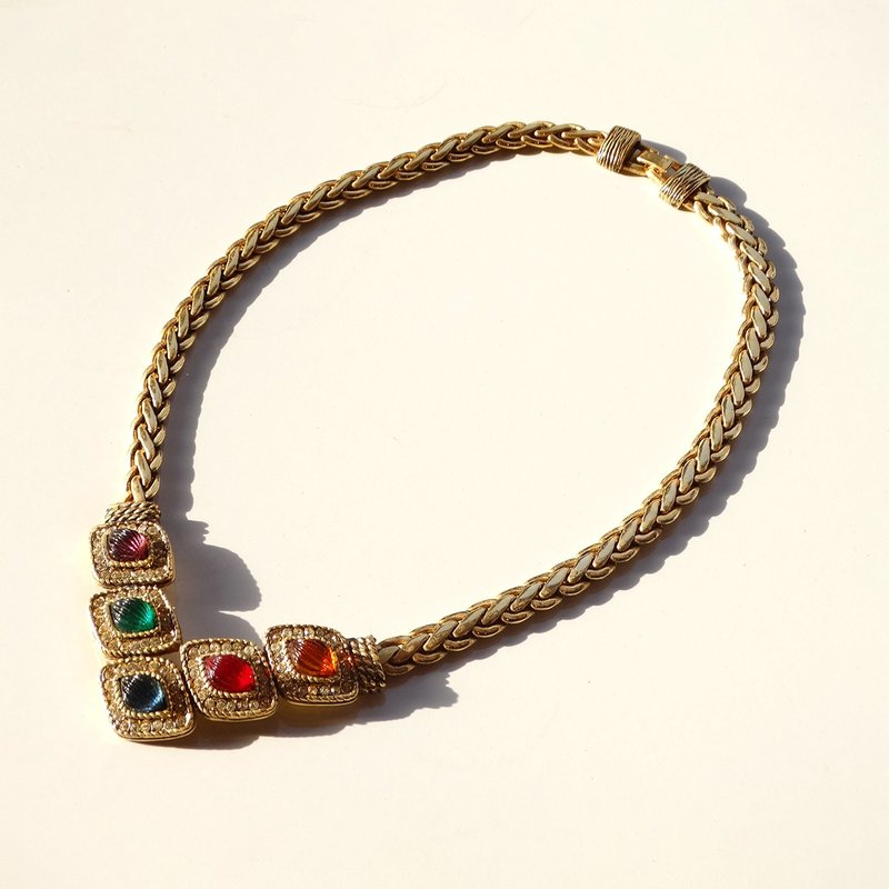 80s DOIRA vintage color glass × rhinestone necklace - 項鍊 - 其他金屬 金色