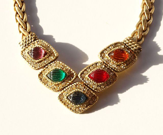 80s DOIRA vintage color glass × rhinestone necklace - Shop panic-art-market  Necklaces - Pinkoi
