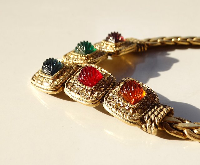 80s DOIRA vintage color glass × rhinestone necklace - Shop panic-art-market  Necklaces - Pinkoi