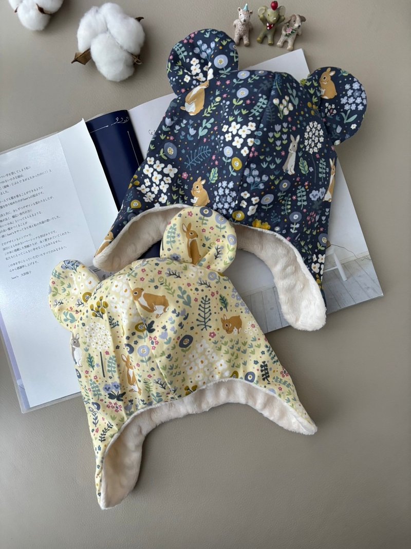 寶寶保暖遮耳帽  兔兔花園雙色    彌月禮 寶寶熊耳帽 兒童保暖帽 - 嬰兒帽子/髮帶 - 棉．麻 藍色