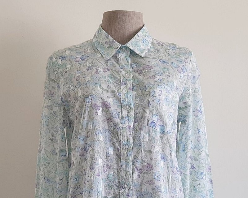 Vintage White Blue Green Floral Print Shirt - Women's Tops - Cotton & Hemp White