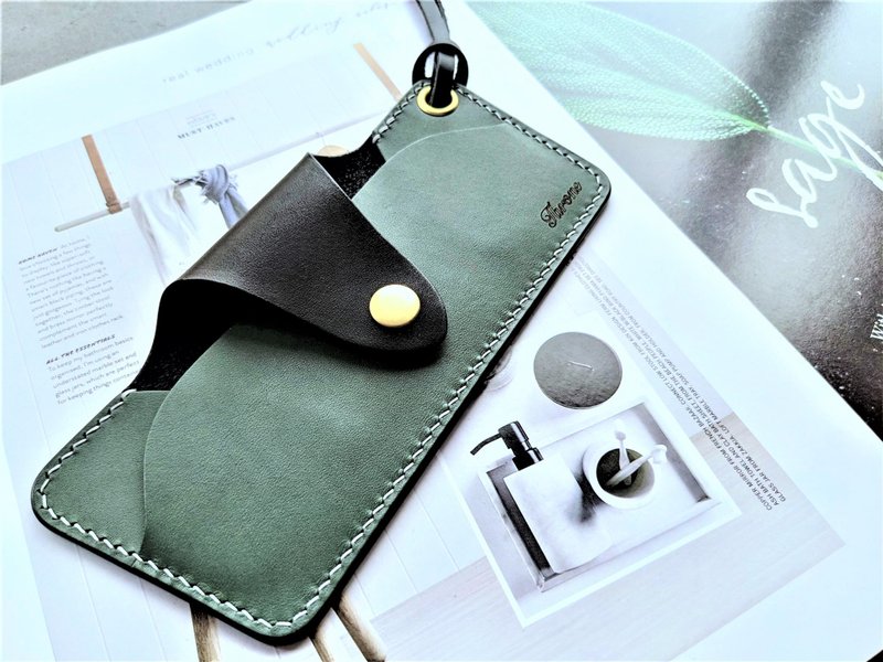 Leather hand-sewn material bag∣glasses case∣birthday gift∣customized laser engraving∣vegetable tanned cowhide - เครื่องหนัง - หนังแท้ สีเขียว